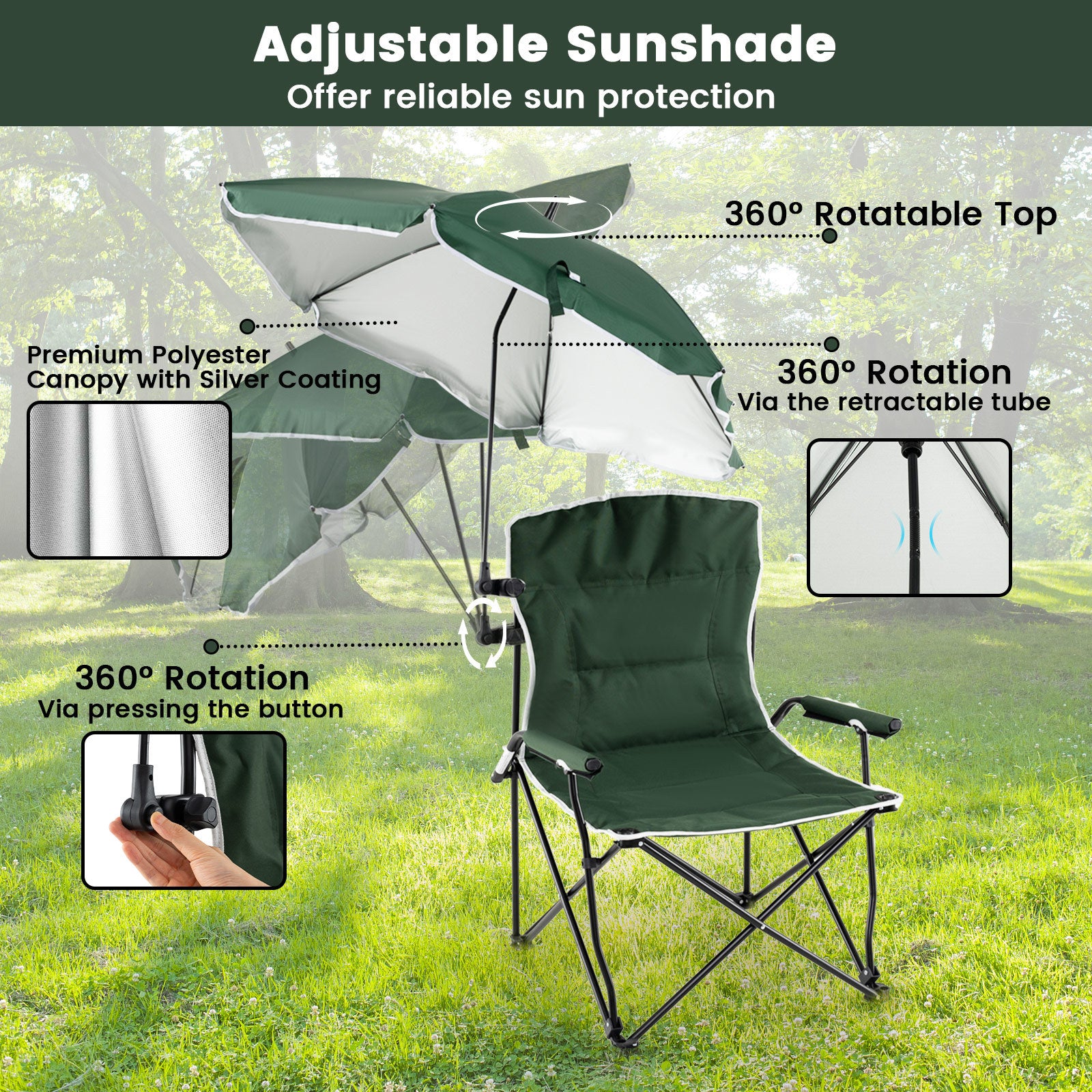Camping Chair with Adjustable Umbrella and Portable Carrying Bag-Green 2 Pack