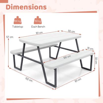 Camping Table and Chairs with Umbrella Hole and Metal Frame for Boys Girls Ages 3-8-White