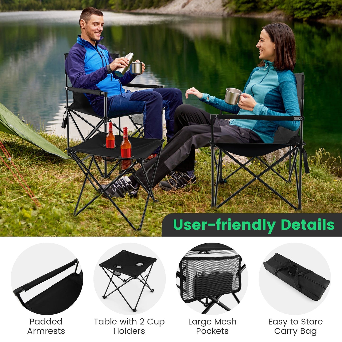 Outdoor Folding Camping Chairs and Table Set-Black