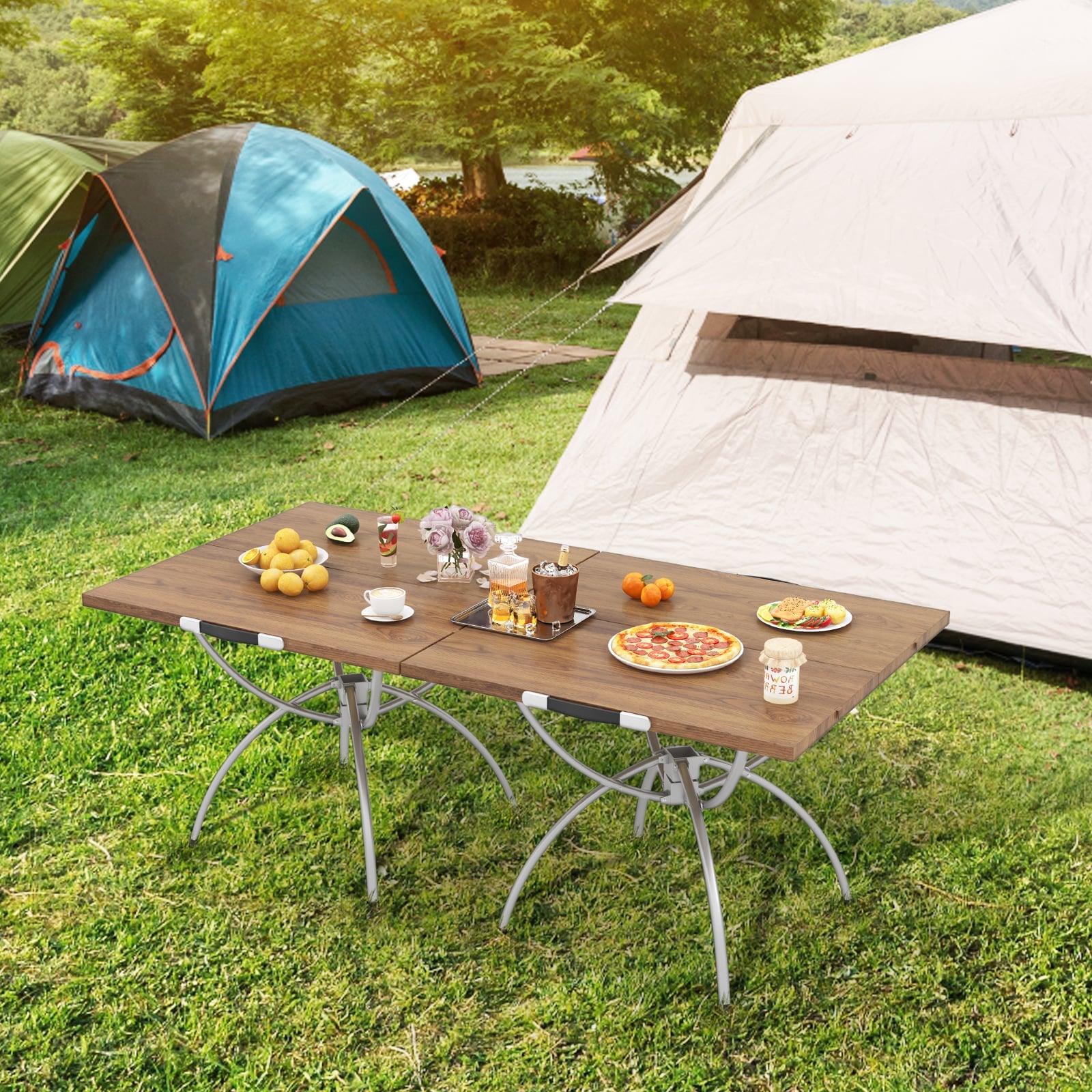 Foldable Picnic Table with Extendable Design and Wood-grain Tabletop for Hiking Fishing BBQ Party-Coffee