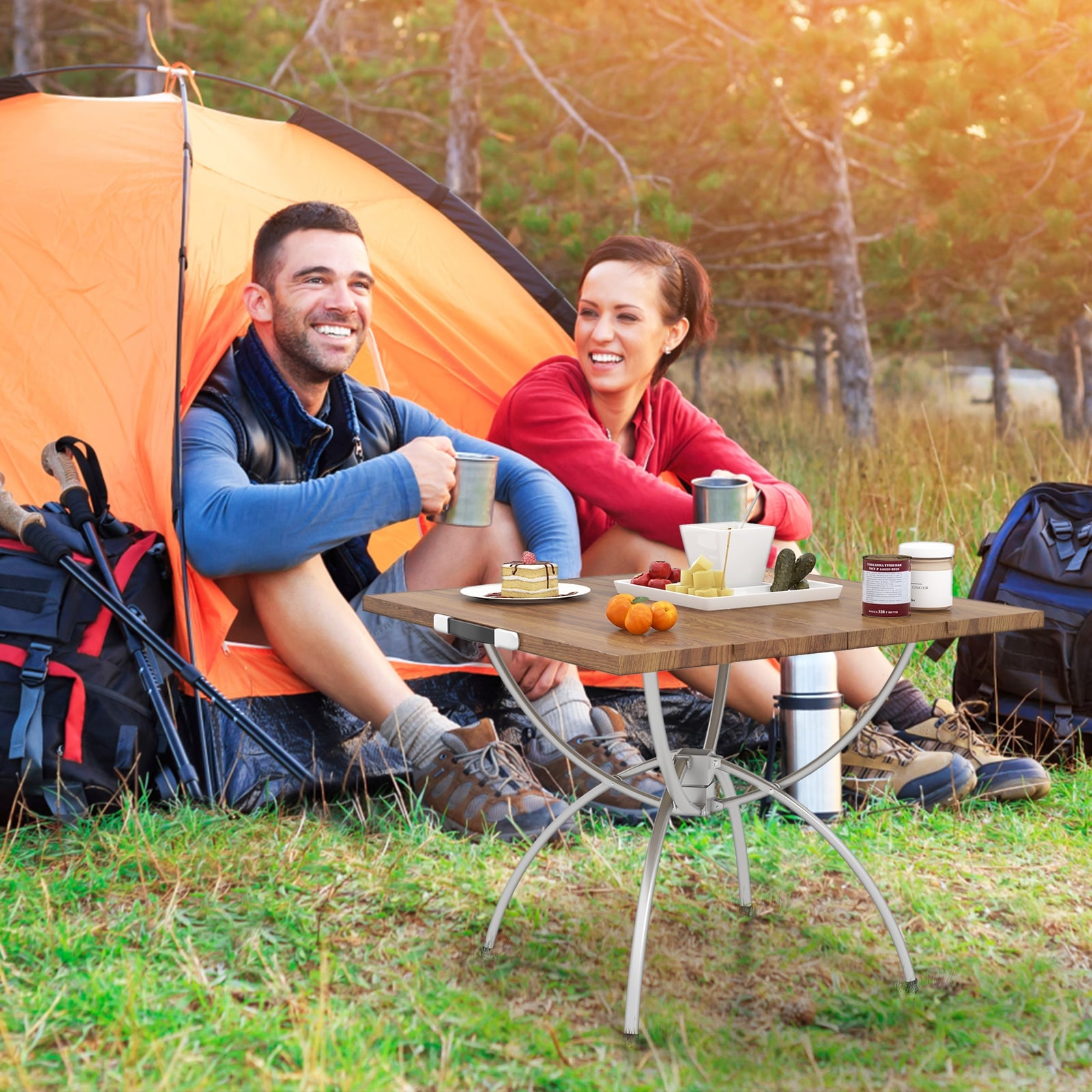 Foldable Picnic Table with Extendable Design and Wood-grain Tabletop for Hiking Fishing BBQ Party-Coffee