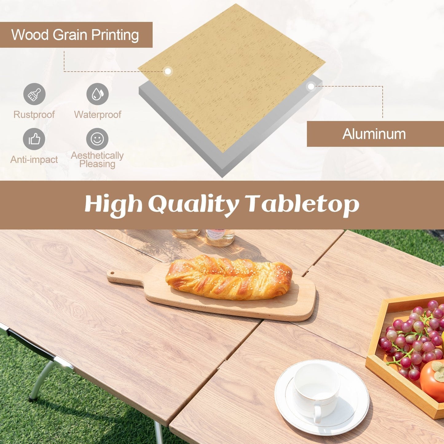 Foldable Picnic Table with Extendable Design and Wood-grain Tabletop for Hiking Fishing BBQ Party-Coffee