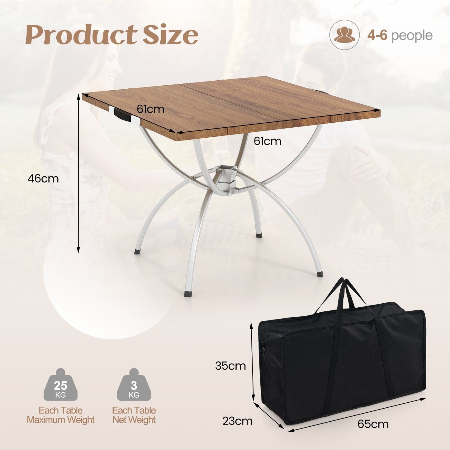 Foldable Picnic Table with Extendable Design and Wood-grain Tabletop for Hiking Fishing BBQ Party-Coffee