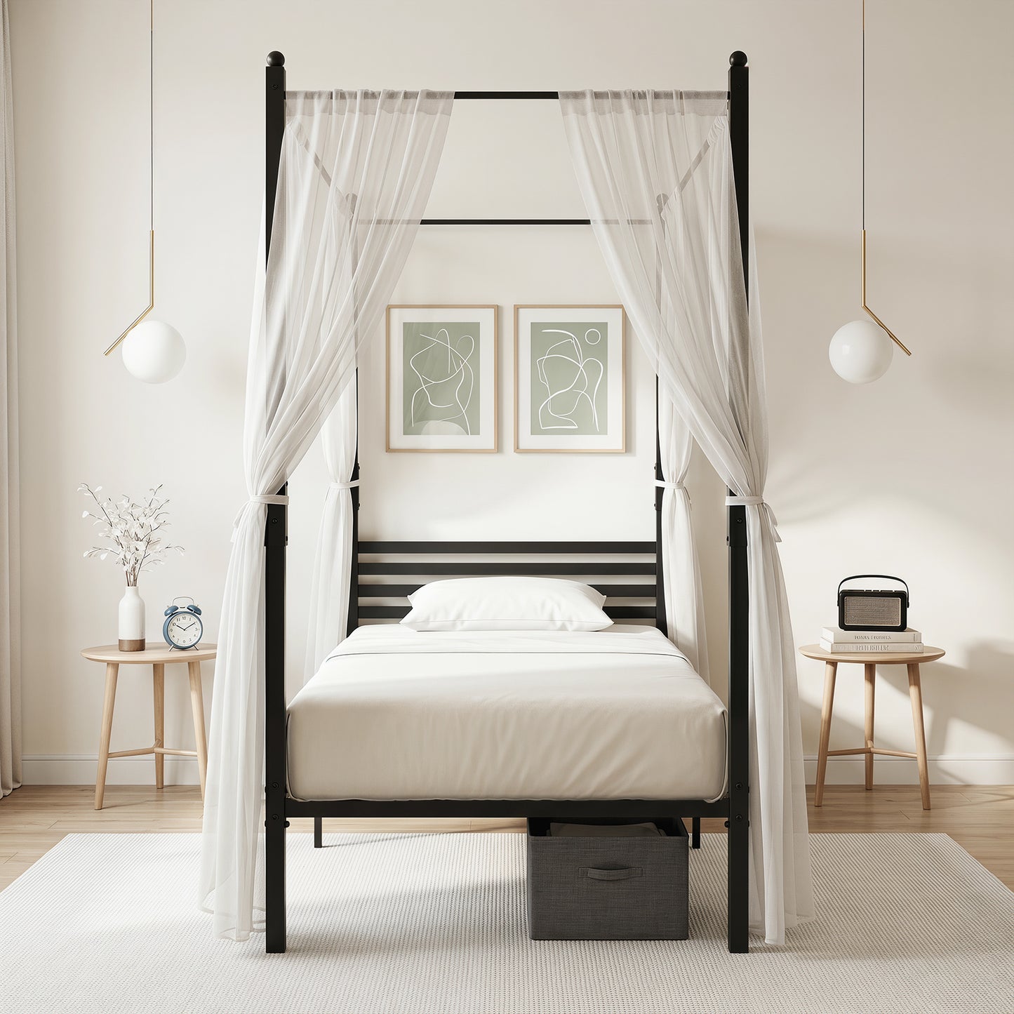Canopy Bed Frame with 4-Poster and Headboard and Under-bed Storage-Black