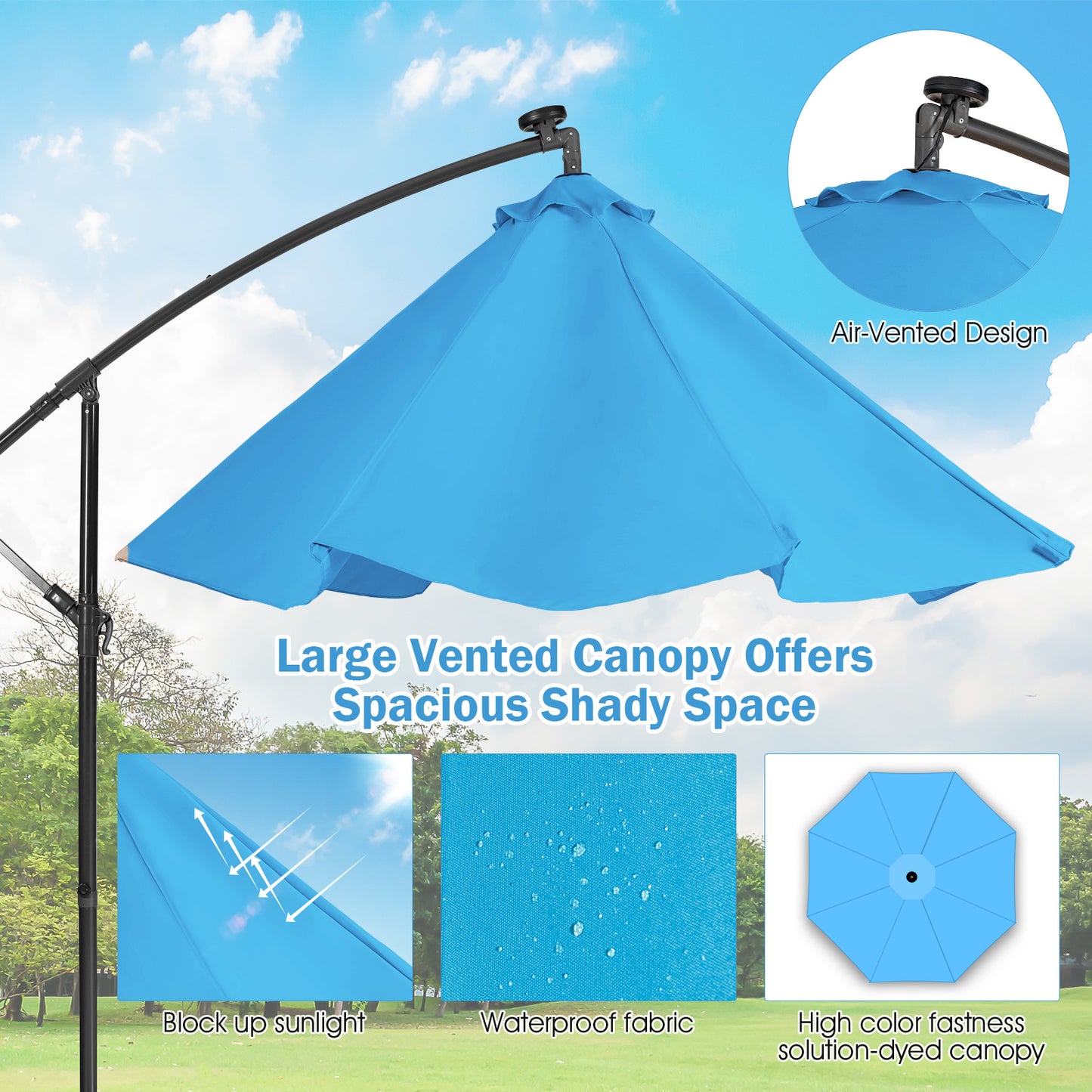 10 ft Cantilever Umbrella with 32 Solar-Powered LED Lights for Backyard Poolside Market-Blue