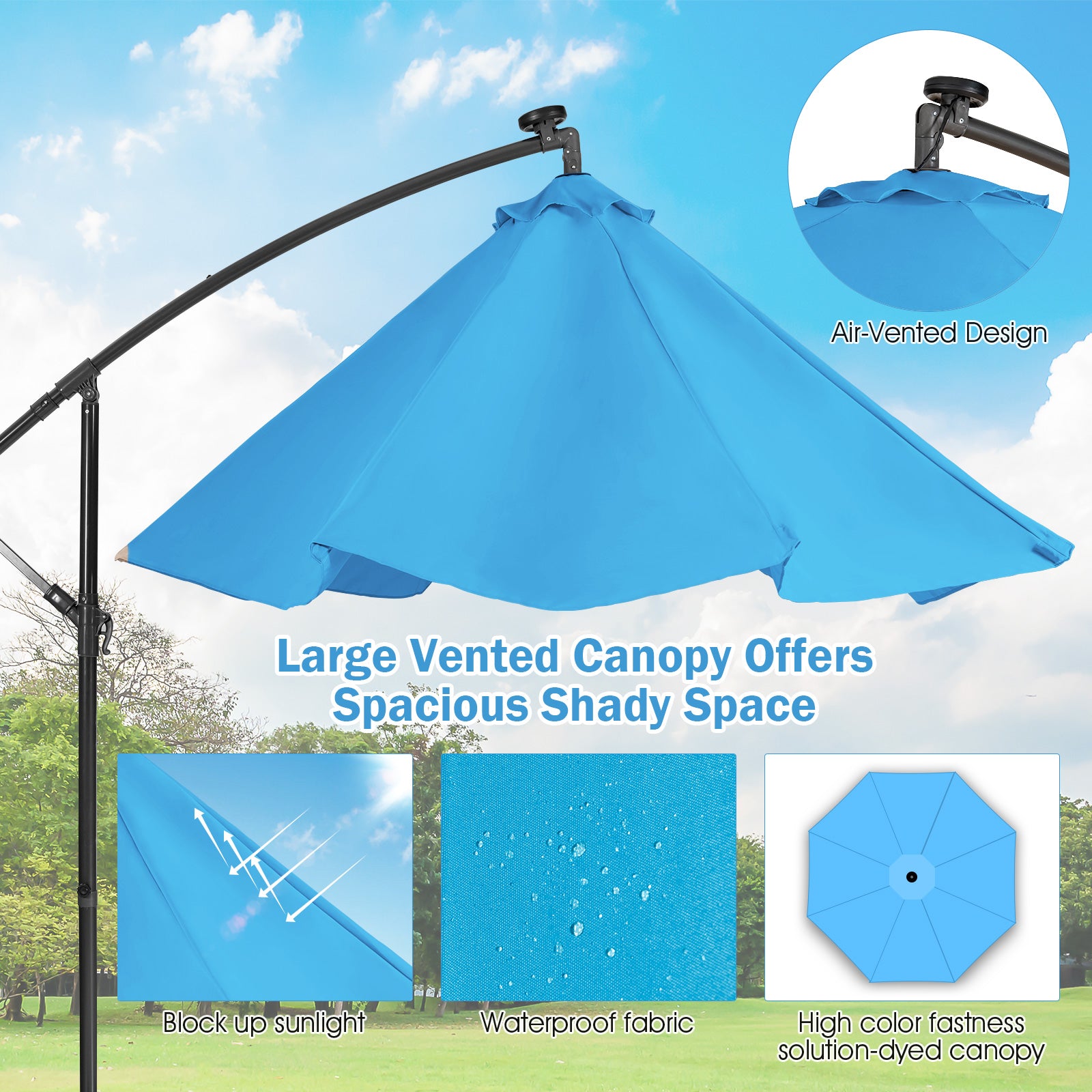 10 ft Cantilever Umbrella with 32 Solar-Powered LED Lights for Backyard Poolside Market-Blue
