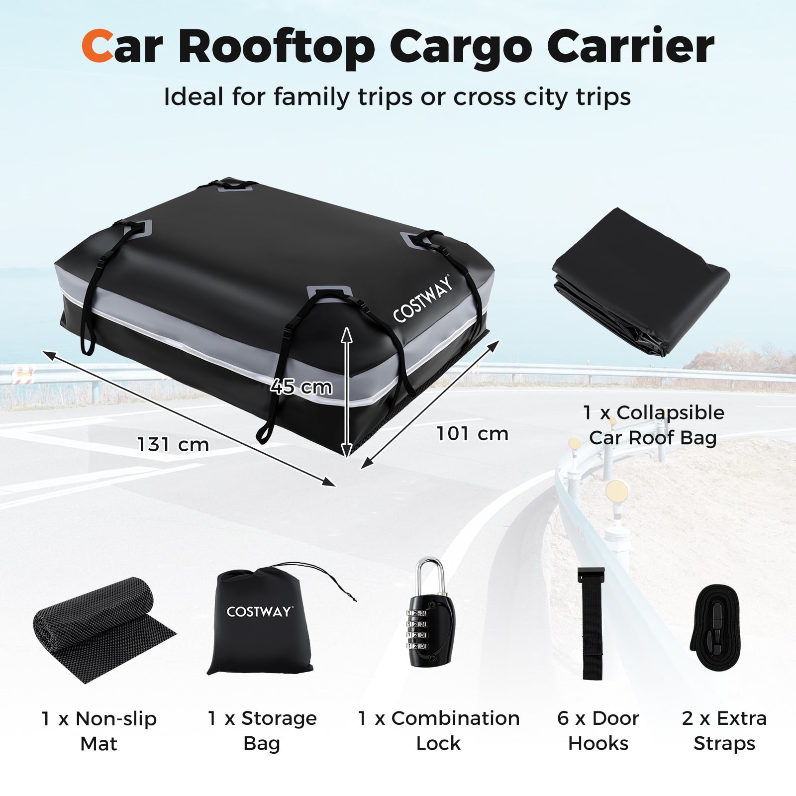 Car Rooftop Cargo Carrier Waterproof Heavy-Duty PVC Roof Bag Storage Bag-Grey-L