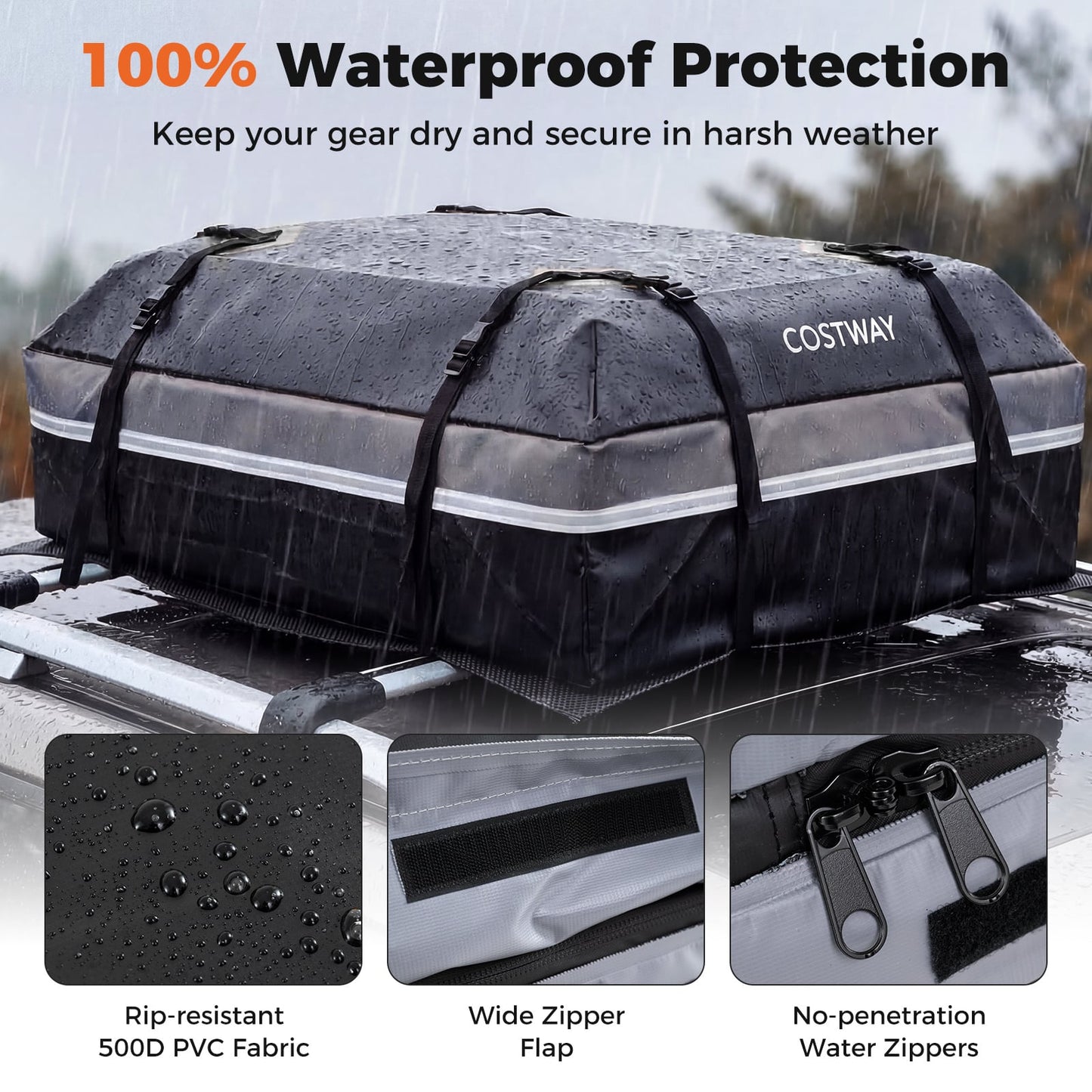 Car Rooftop Cargo Carrier Waterproof Heavy-Duty PVC Roof Bag Storage Bag-Grey-M