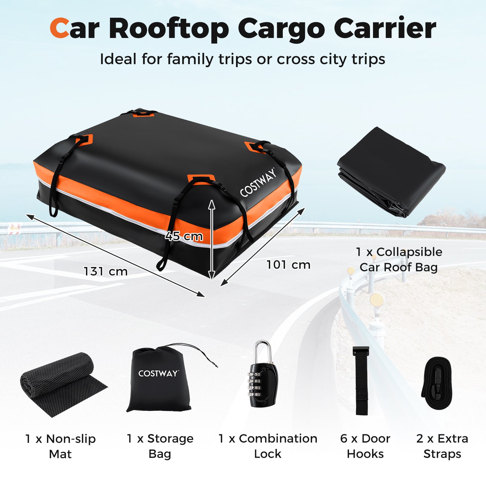Car Rooftop Cargo Carrier Waterproof Heavy-Duty PVC Roof Bag Storage Bag-Orange-L