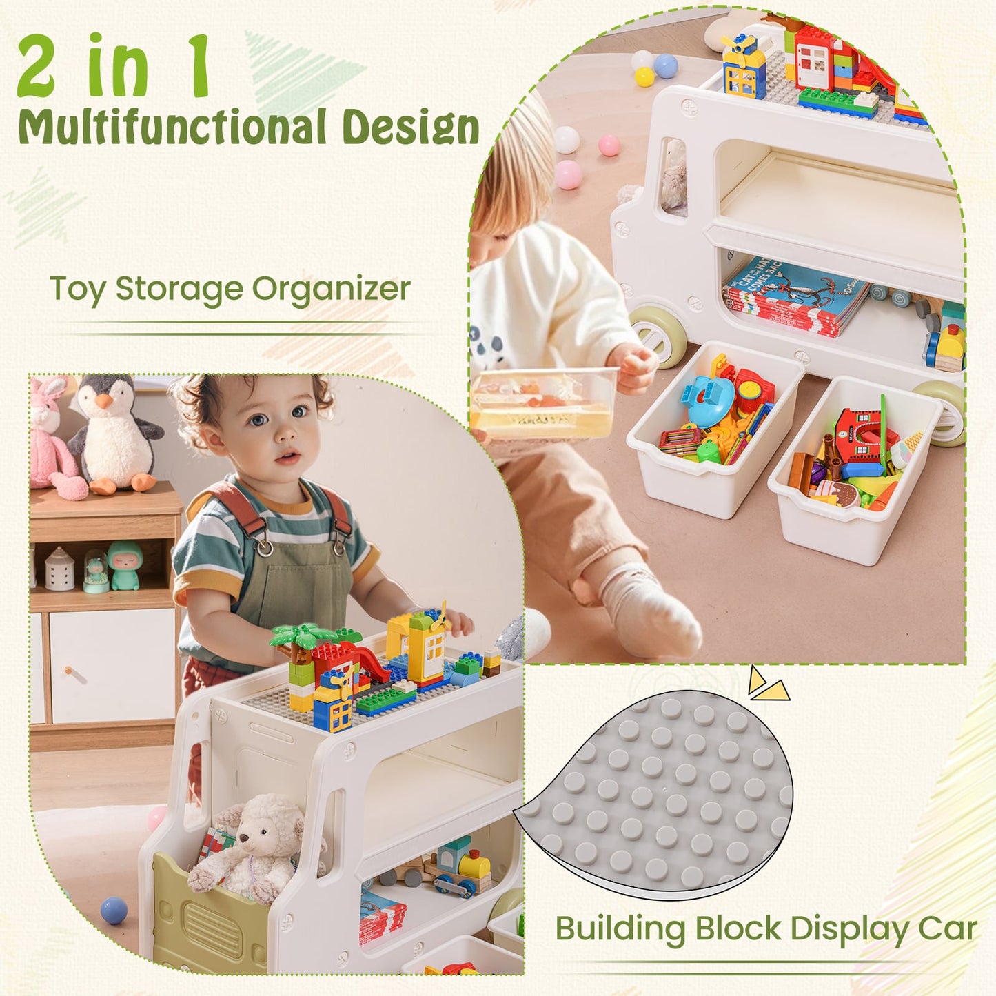 2 in 1 Car Shaped Toy Cabinet with Safe HDPE Frame and 2 Storage Baskets-White