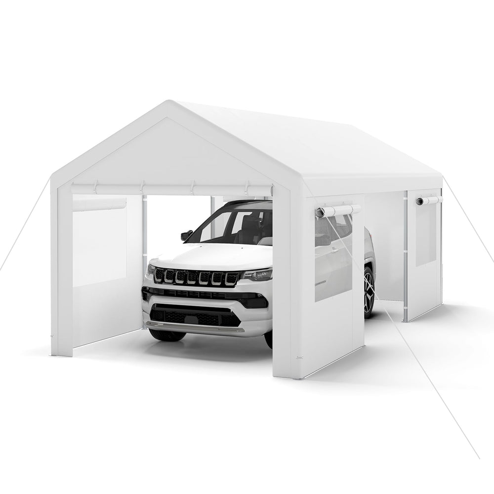 Carport Heavy-Duty Car Canopy with Roll-Up Ventilated Windows-White