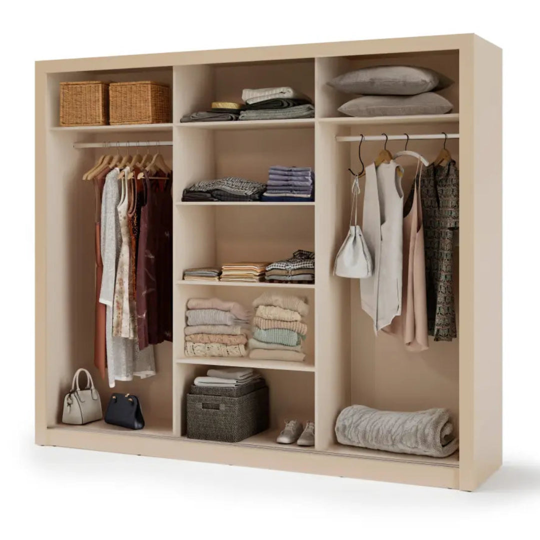 Beige wardrobe with clothes and accessories on a white background