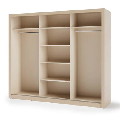 Beige wardrobe with open doors on a white background