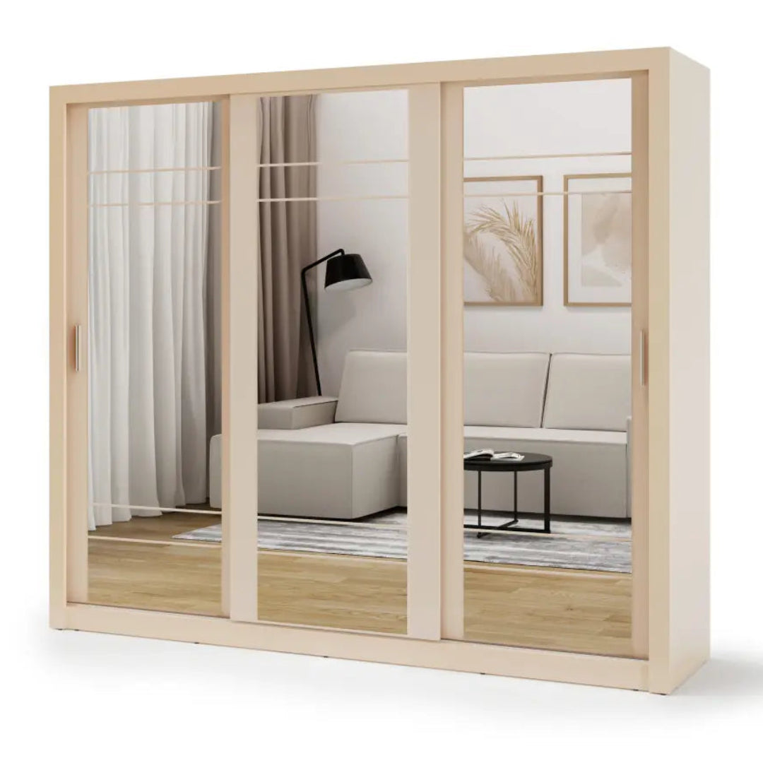 Sliding wardrobe with glass panels showing a living room interior.