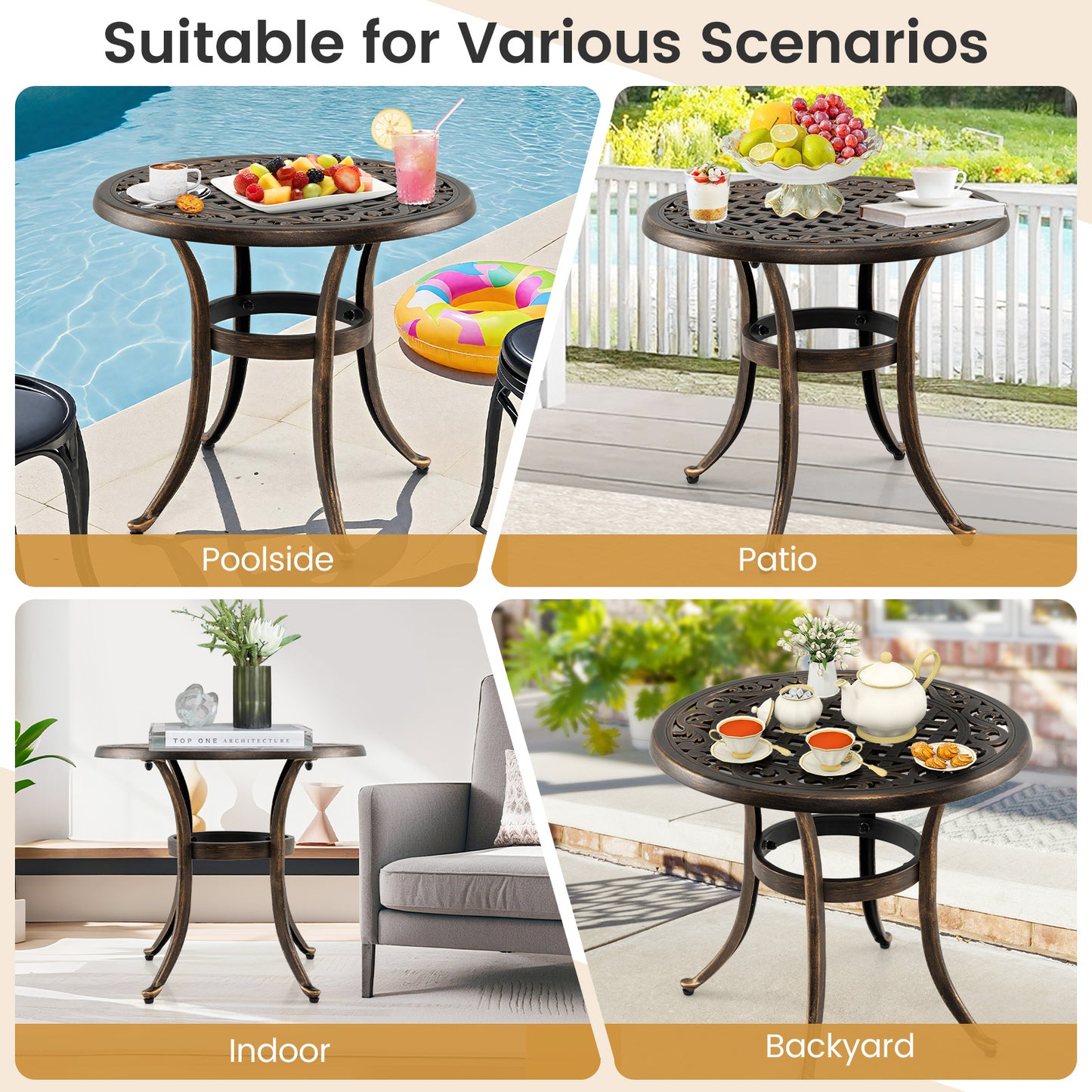 Cast Aluminum Patio Side Table with Floral Hollow-out Pattern-Bronze