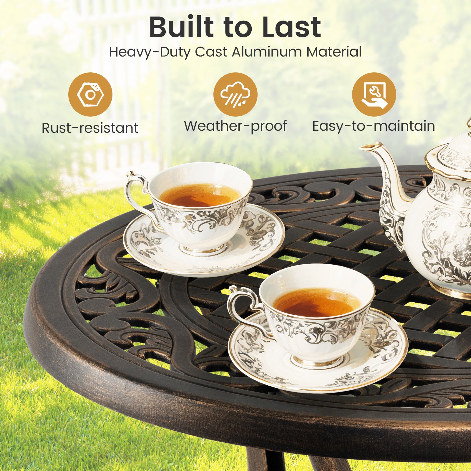 Cast Aluminum Patio Side Table with Floral Hollow-out Pattern-Bronze