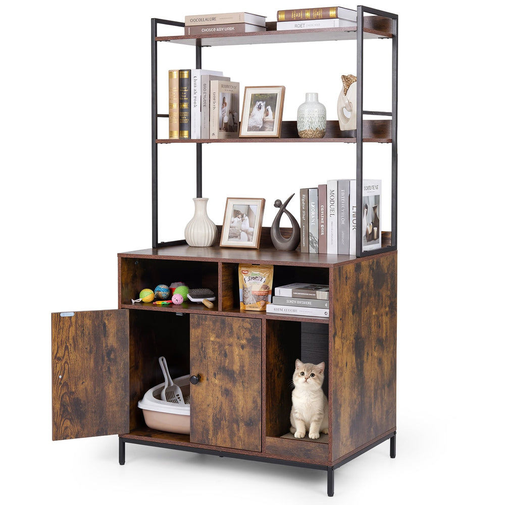 Cat Litter Box Enclosure 144.5 cm Tall Hidden Cat Washroom Furniture with Wide Countertop-Rustic Brown