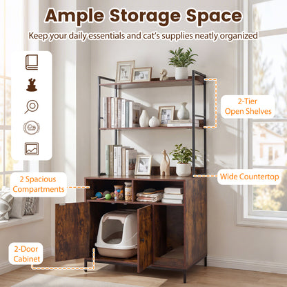 Cat Litter Box Enclosure 144.5 cm Tall Hidden Cat Washroom Furniture with Wide Countertop-Rustic Brown