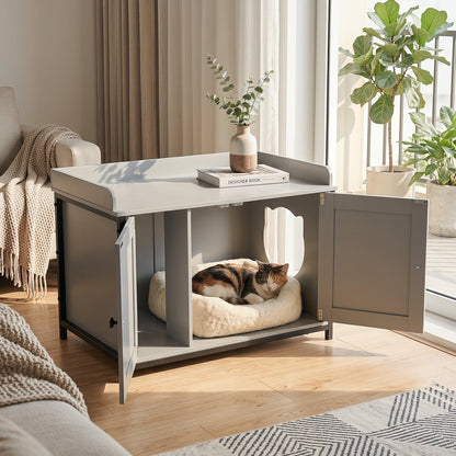 Cat Litter Box Enclosure with 2 Barn Doors Metal Legs and Side Entrance-Grey
