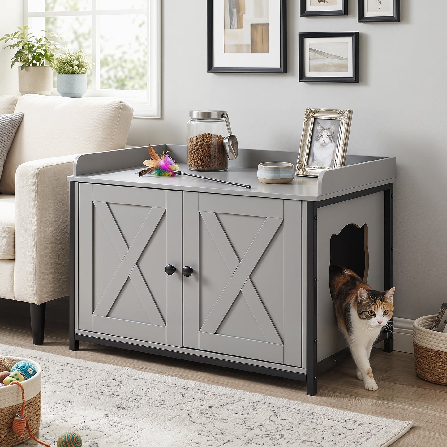 Cat Litter Box Enclosure with 2 Barn Doors Metal Legs and Side Entrance-Grey