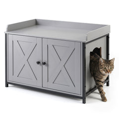 Cat Litter Box Enclosure with 2 Barn Doors Metal Legs and Side Entrance-Grey