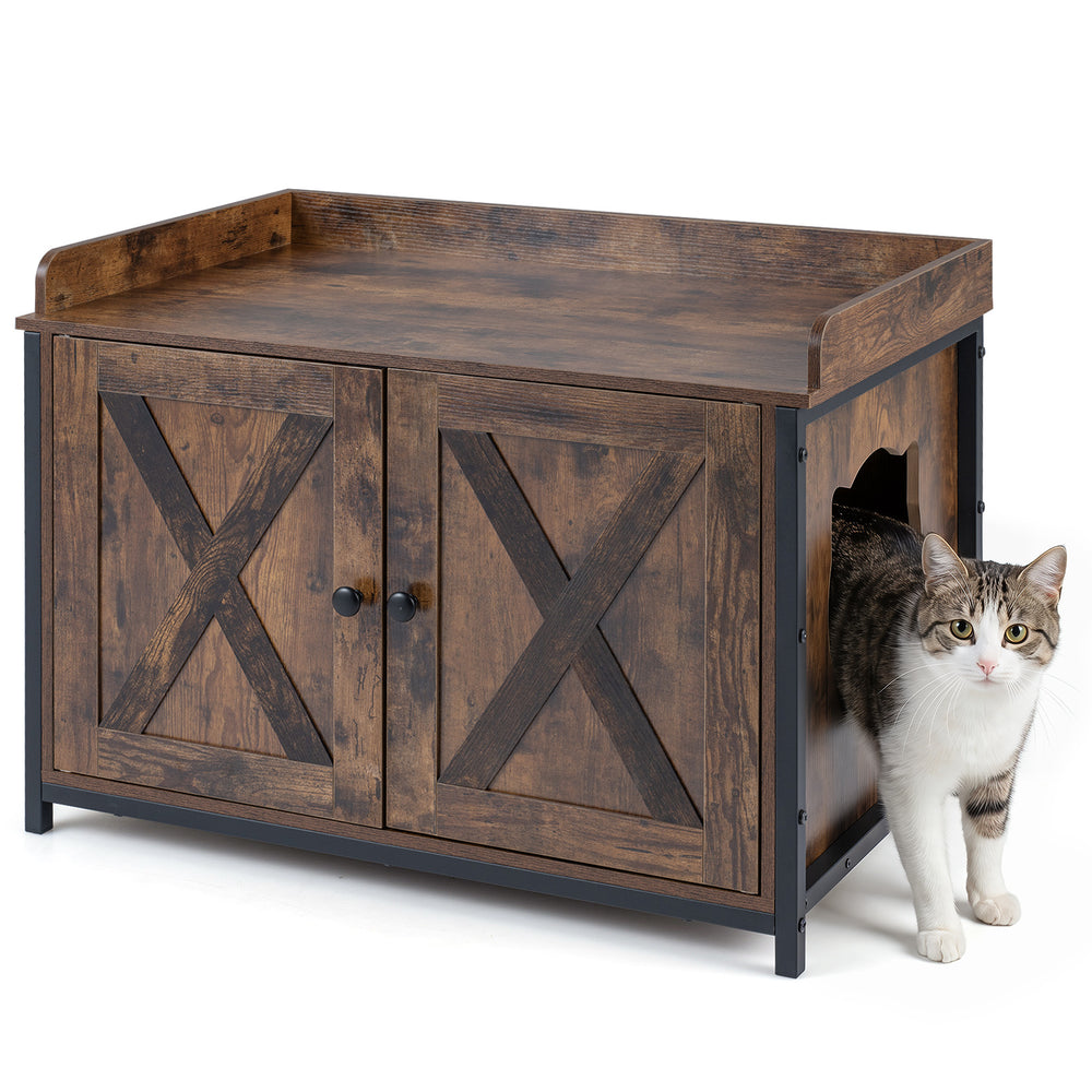 Cat Litter Box Enclosure with 2 Barn Doors Metal Legs and Side Entrance-Rustic Brown