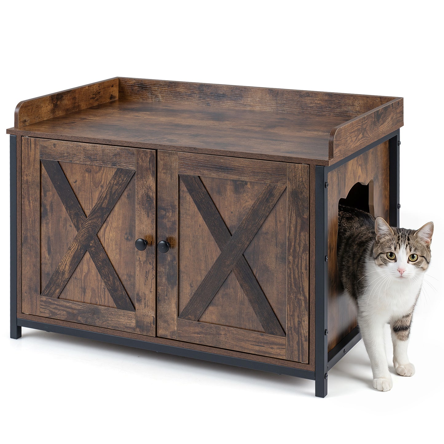 Cat Litter Box Enclosure with 2 Barn Doors Metal Legs and Side Entrance-Rustic Brown