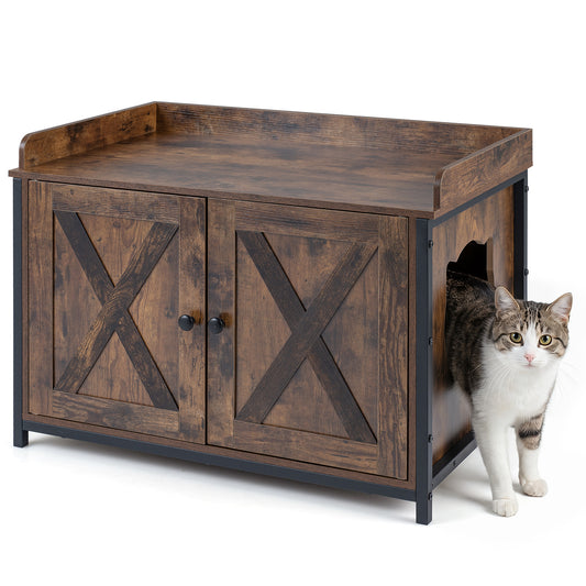 Cat Litter Box Enclosure with 2 Barn Doors Metal Legs and Side Entrance-Rustic Brown