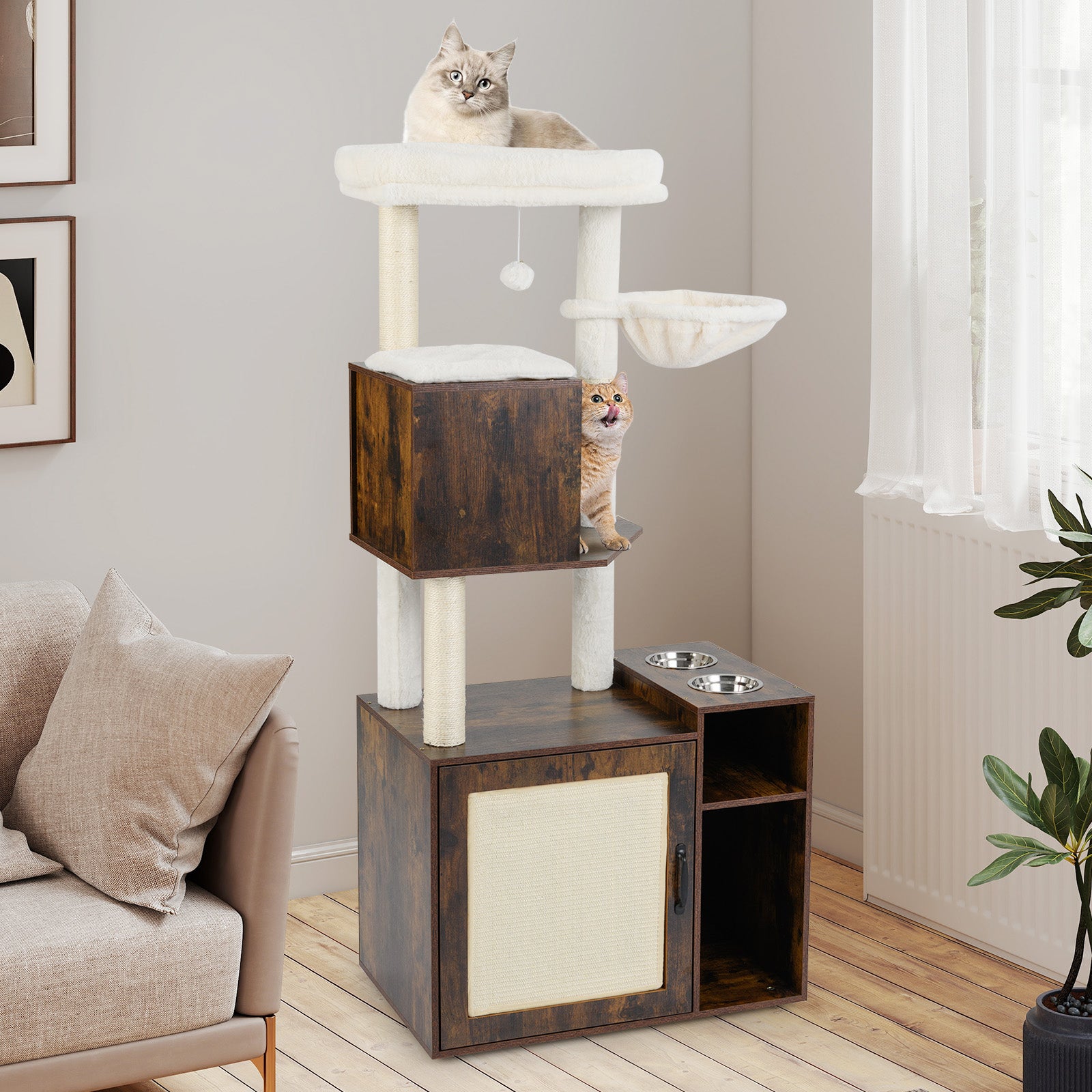 Cat Litter Box Enclosure with Sisal Scratching Post and Mat-Brown