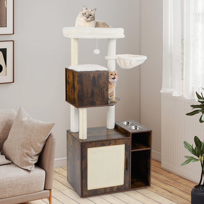 Cat Litter Box Enclosure with Sisal Scratching Post and Mat-Brown