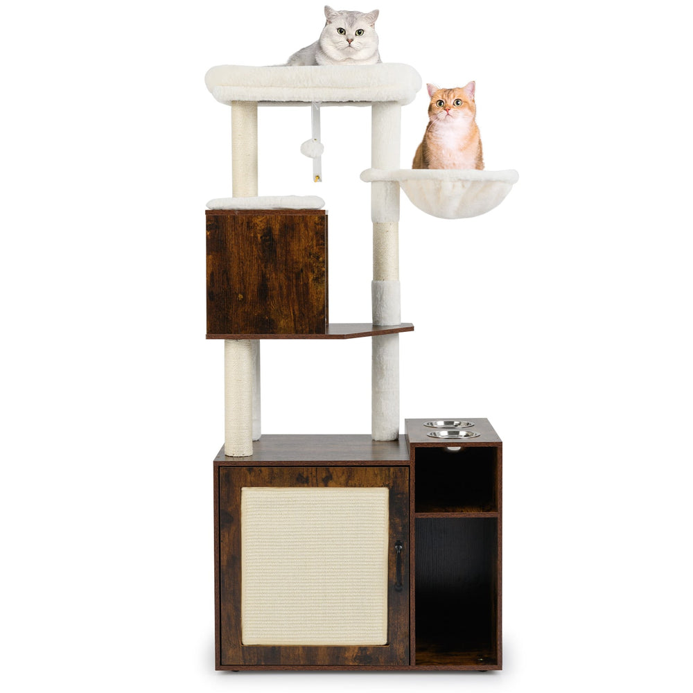 Cat Litter Box Enclosure with Sisal Scratching Post and Mat-Brown