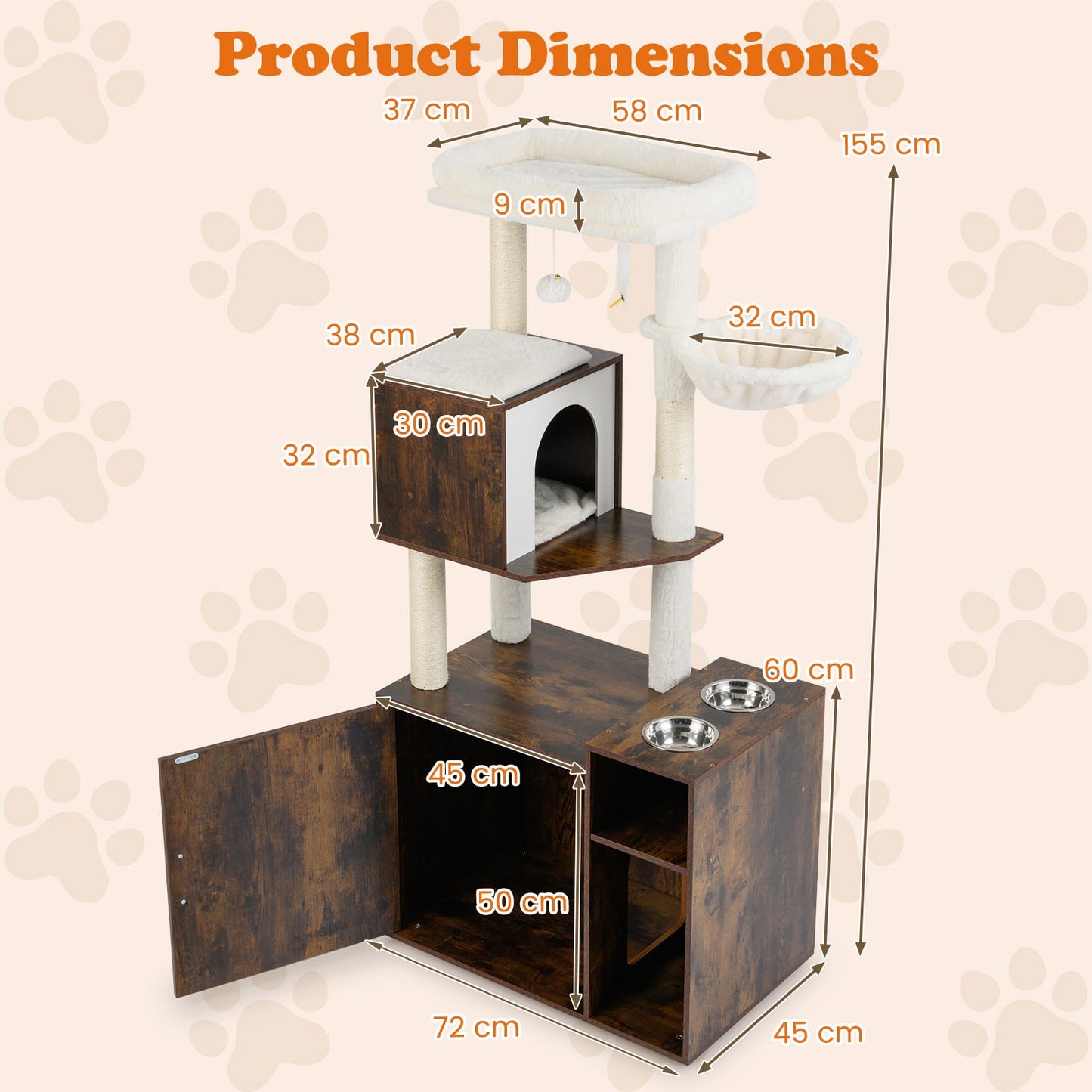 Cat Litter Box Enclosure with Sisal Scratching Post and Mat-Brown