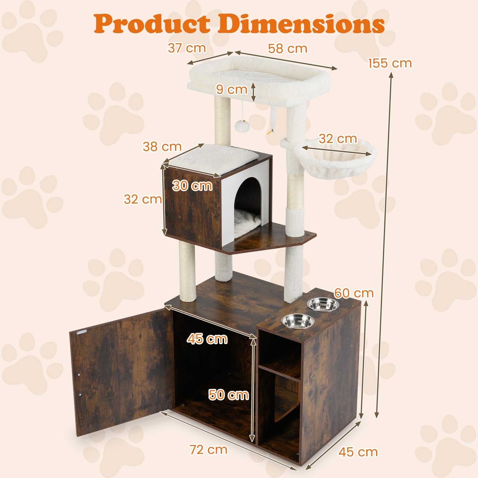 Cat Litter Box Enclosure with Sisal Scratching Post and Mat-Brown