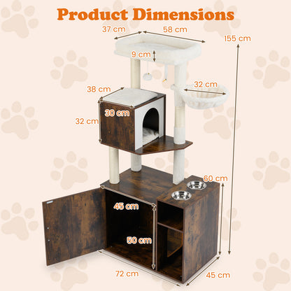 Cat Litter Box Enclosure with Sisal Scratching Post and Mat-Brown
