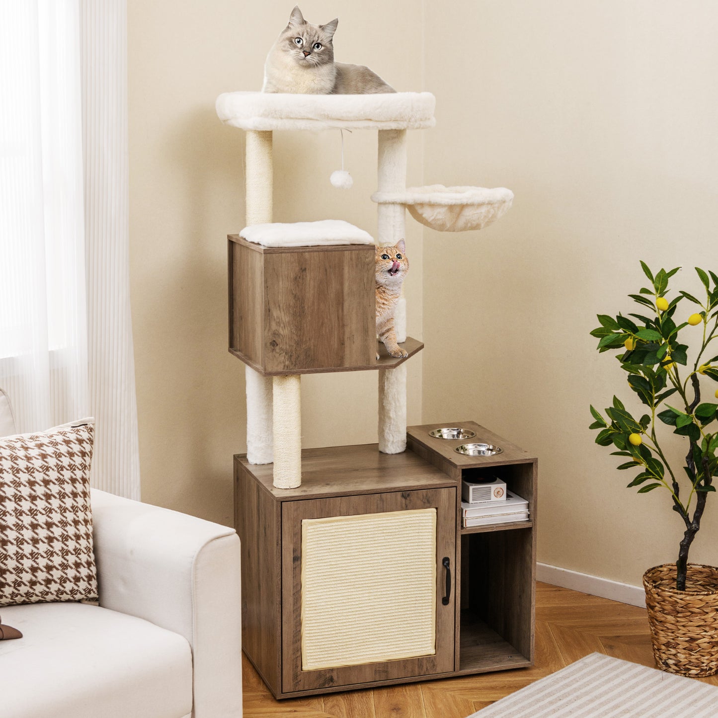 Cat Litter Box Enclosure with Sisal Scratching Post and Mat-Grey