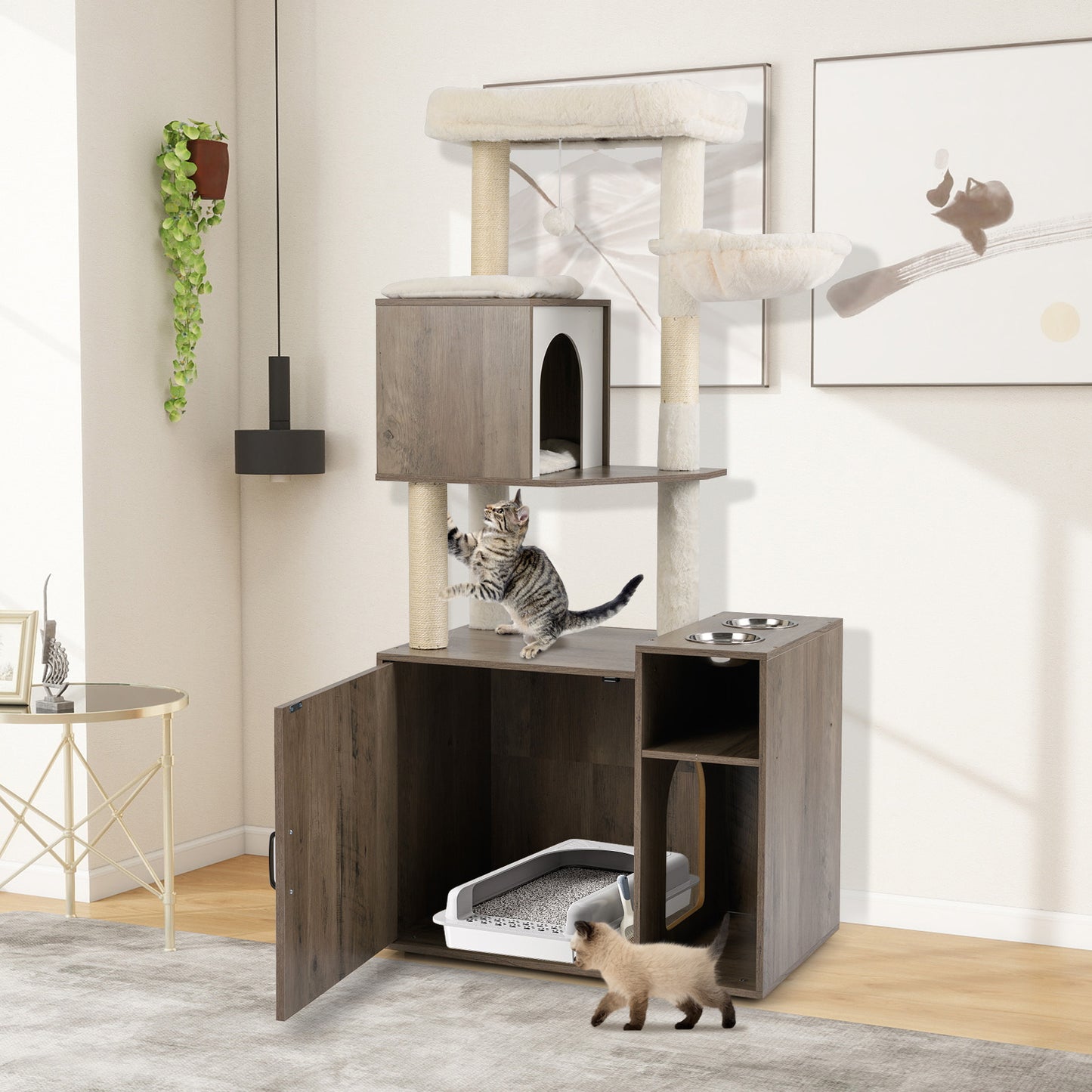 Cat Litter Box Enclosure with Sisal Scratching Post and Mat-Grey