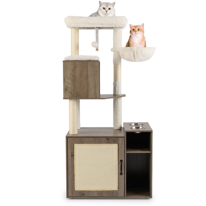 Cat Litter Box Enclosure with Sisal Scratching Post and Mat-Grey