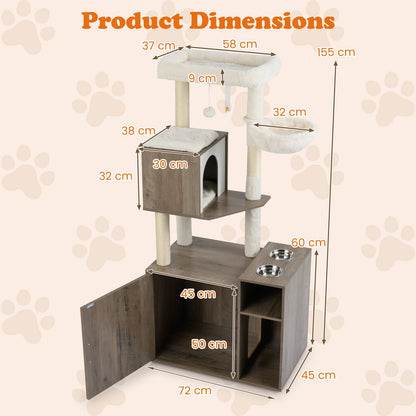 Cat Litter Box Enclosure with Sisal Scratching Post and Mat-Grey