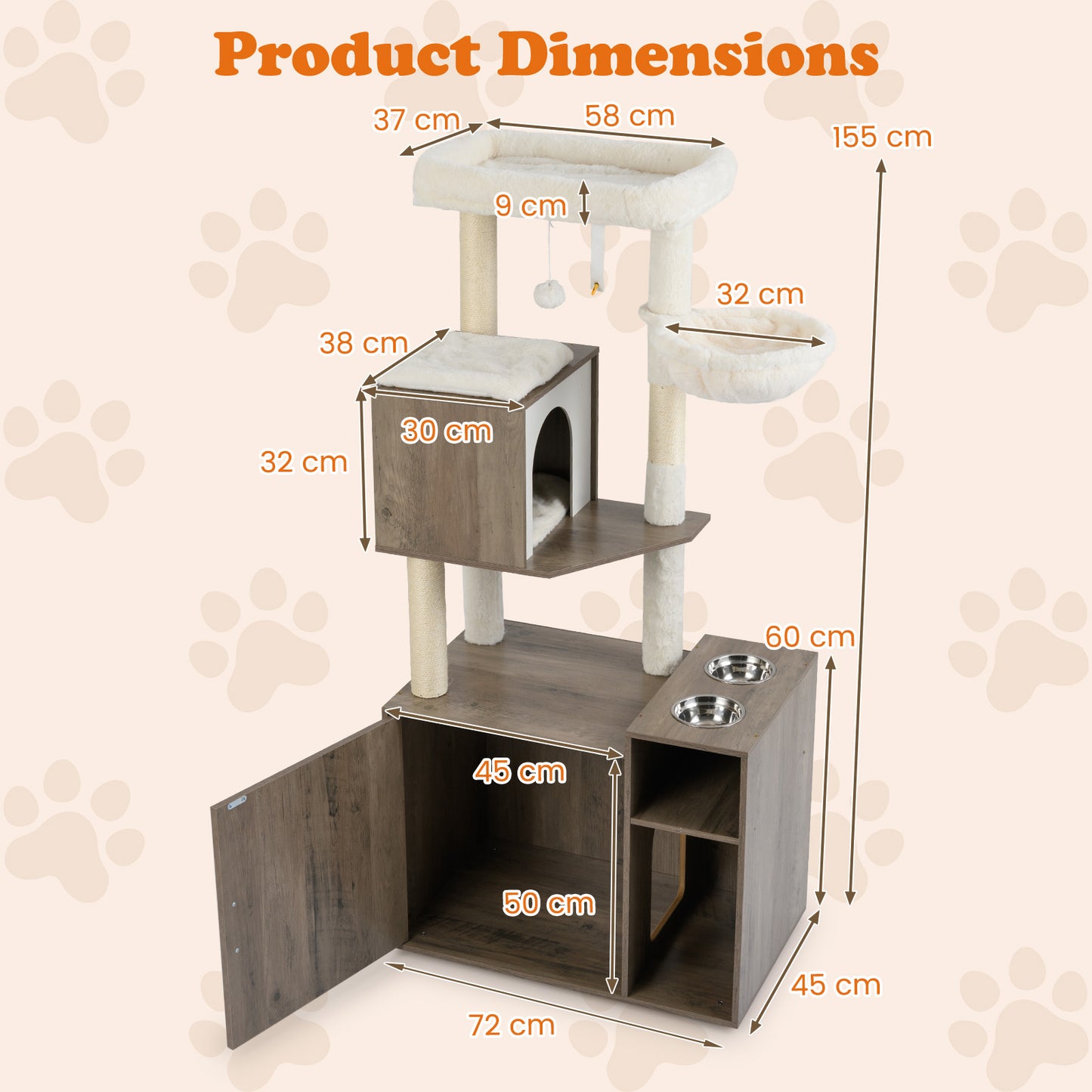 Cat Litter Box Enclosure with Sisal Scratching Post and Mat-Grey