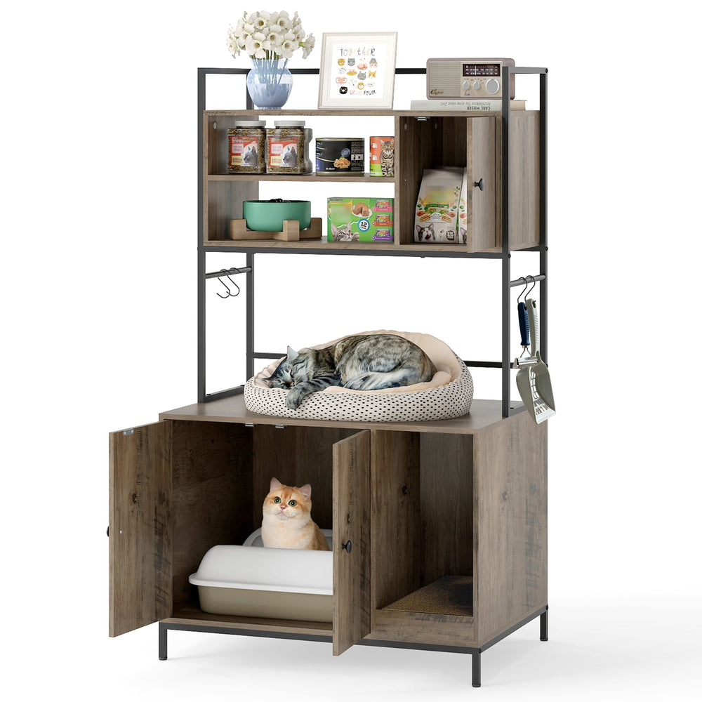 Cat Litter Box Enclosure with Storage Shelves Large Hidden Cat Washroom Furniture with Metal Frame-Grey