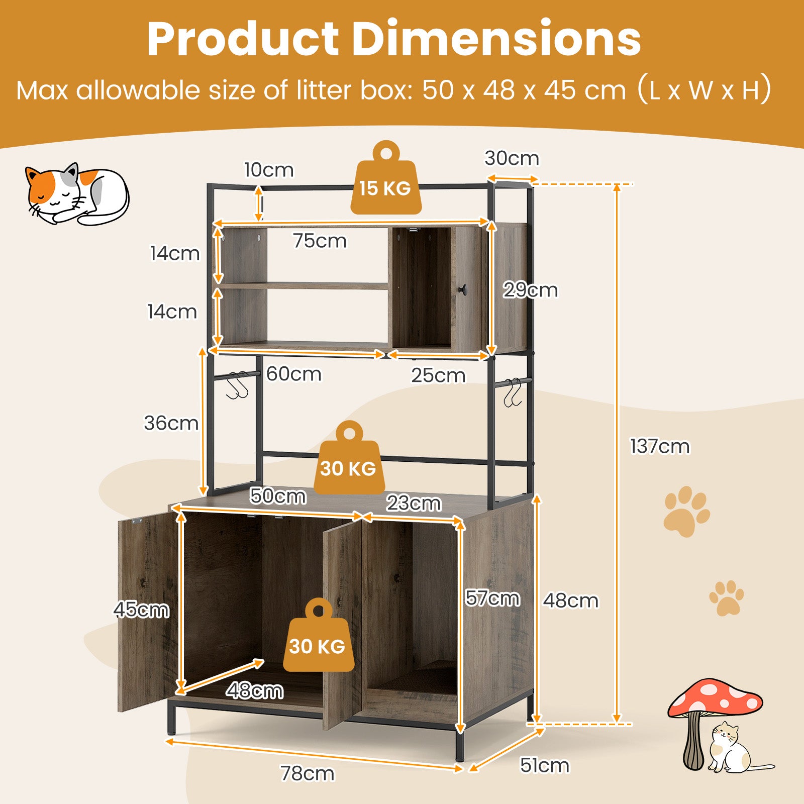 Cat Litter Box Enclosure with Storage Shelves Large Hidden Cat Washroom Furniture with Metal Frame-Grey