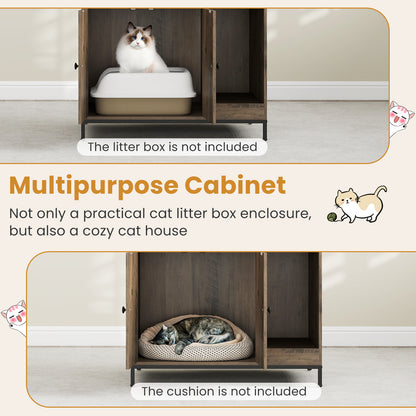 Cat Litter Box Enclosure with Storage Shelves Large Hidden Cat Washroom Furniture with Metal Frame-Grey