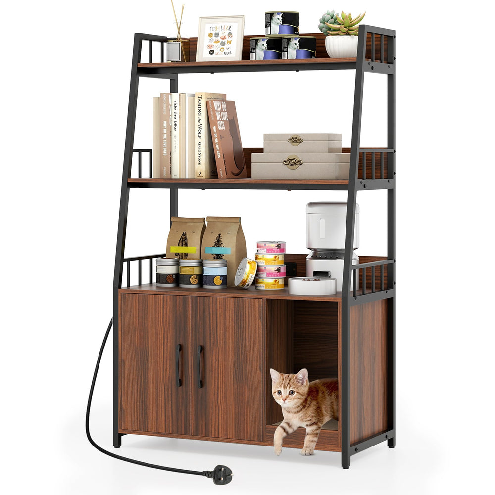 Cat Litter Box Enclosure with Storage Shelves and Scratching Pad-Walnut