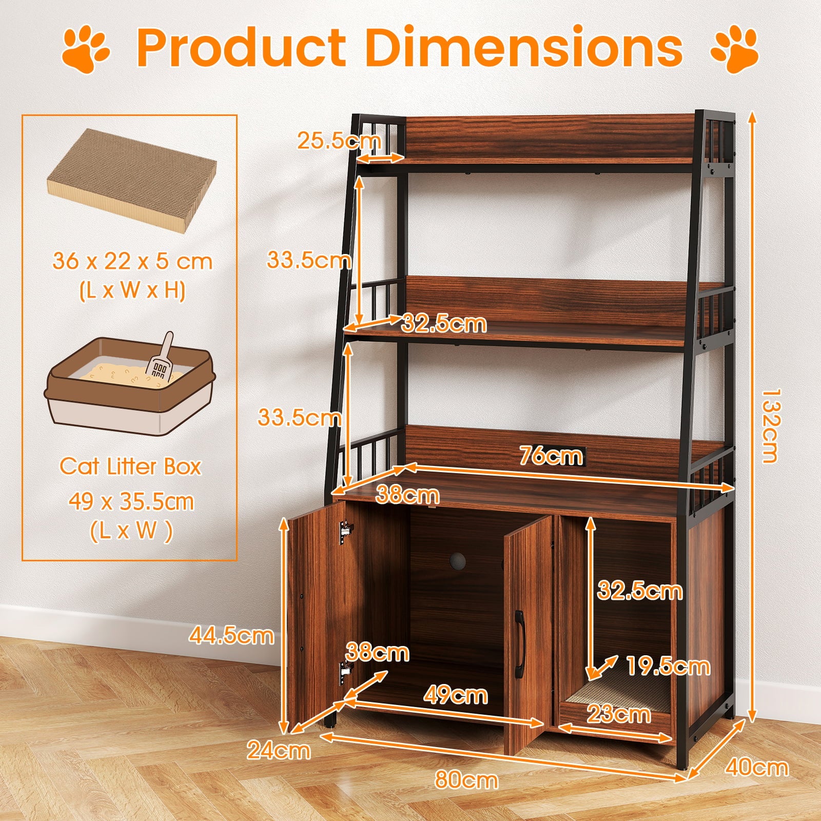 Cat Litter Box Enclosure with Storage Shelves and Scratching Pad-Walnut