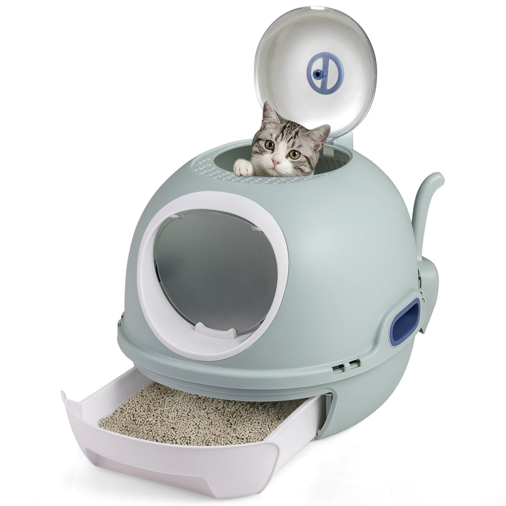 Cat Litter Box with Lid Helicopter Style Fully Enclosed Cat Toilet with Front Entry and Flip Top Exit-Blue