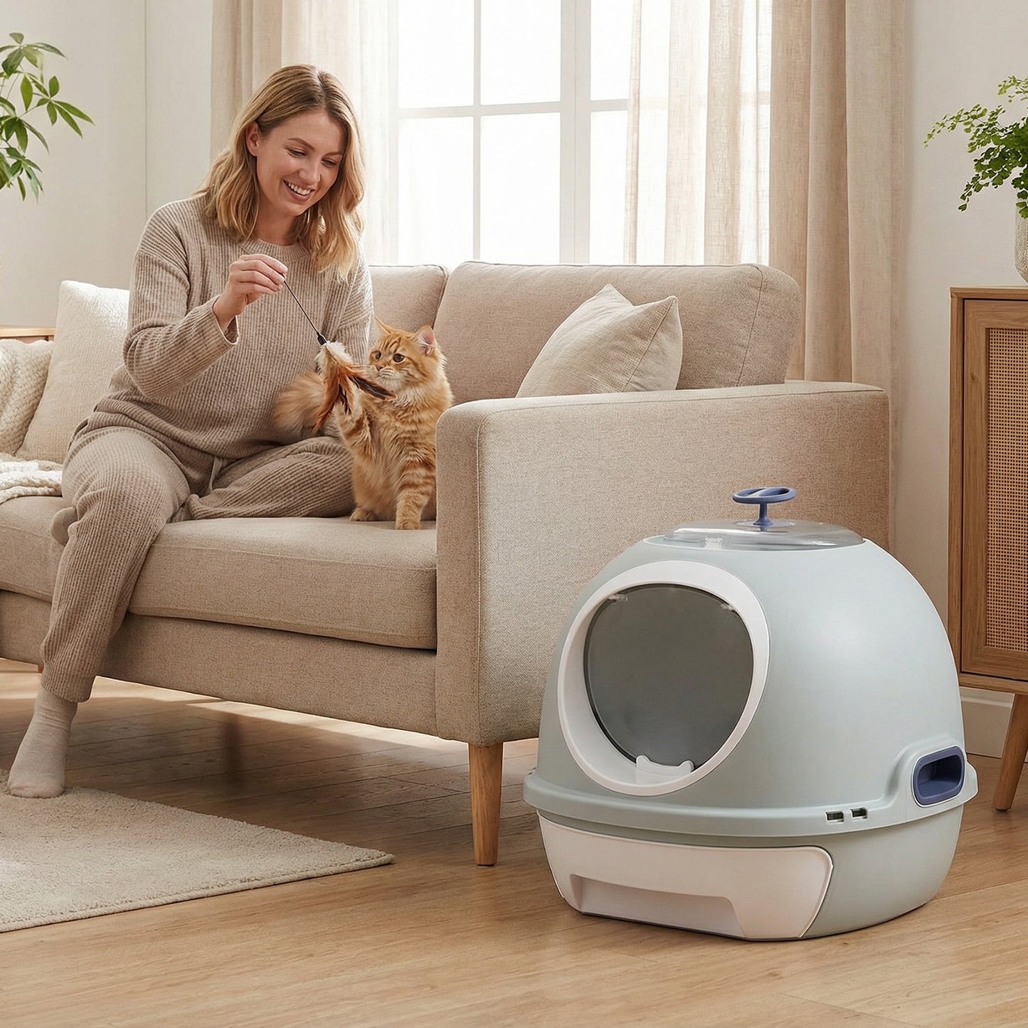 Cat Litter Box with Lid Helicopter Style Fully Enclosed Cat Toilet with Front Entry and Flip Top Exit-Blue
