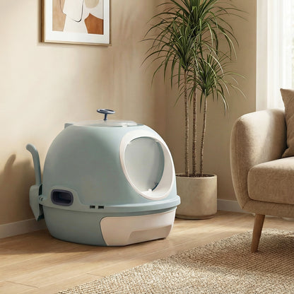 Cat Litter Box with Lid Helicopter Style Fully Enclosed Cat Toilet with Front Entry and Flip Top Exit-Blue