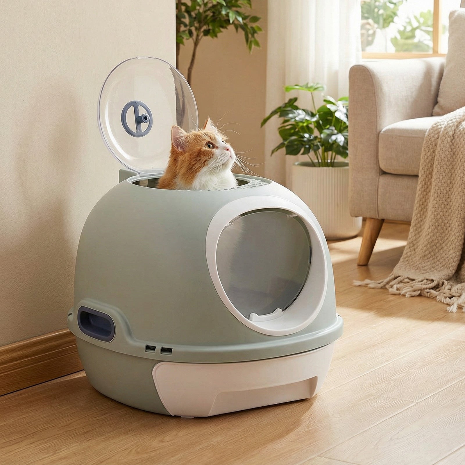 Cat Litter Box with Lid Helicopter Style Fully Enclosed Cat Toilet with Front Entry and Flip Top Exit-Blue