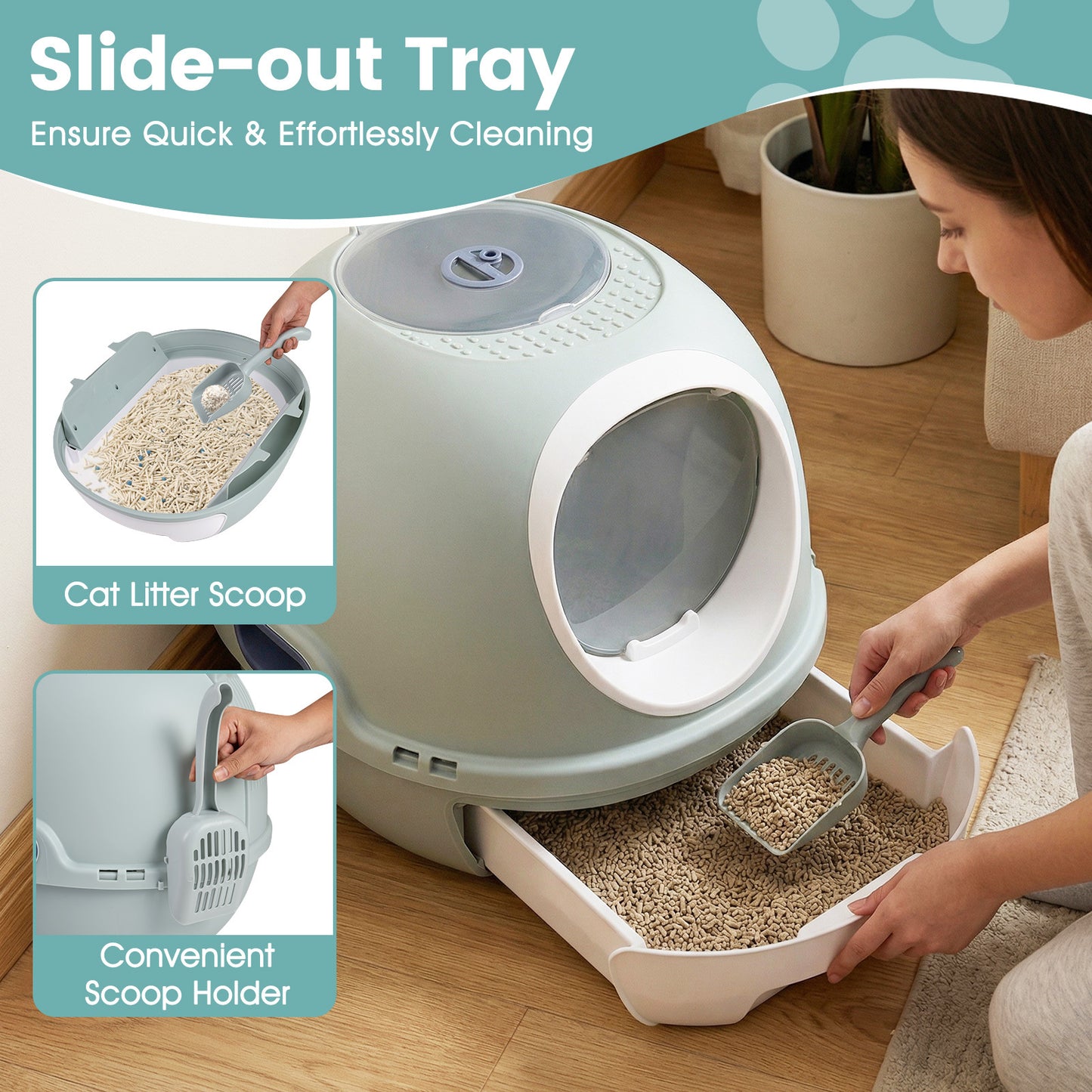 Cat Litter Box with Lid Helicopter Style Fully Enclosed Cat Toilet with Front Entry and Flip Top Exit-Blue