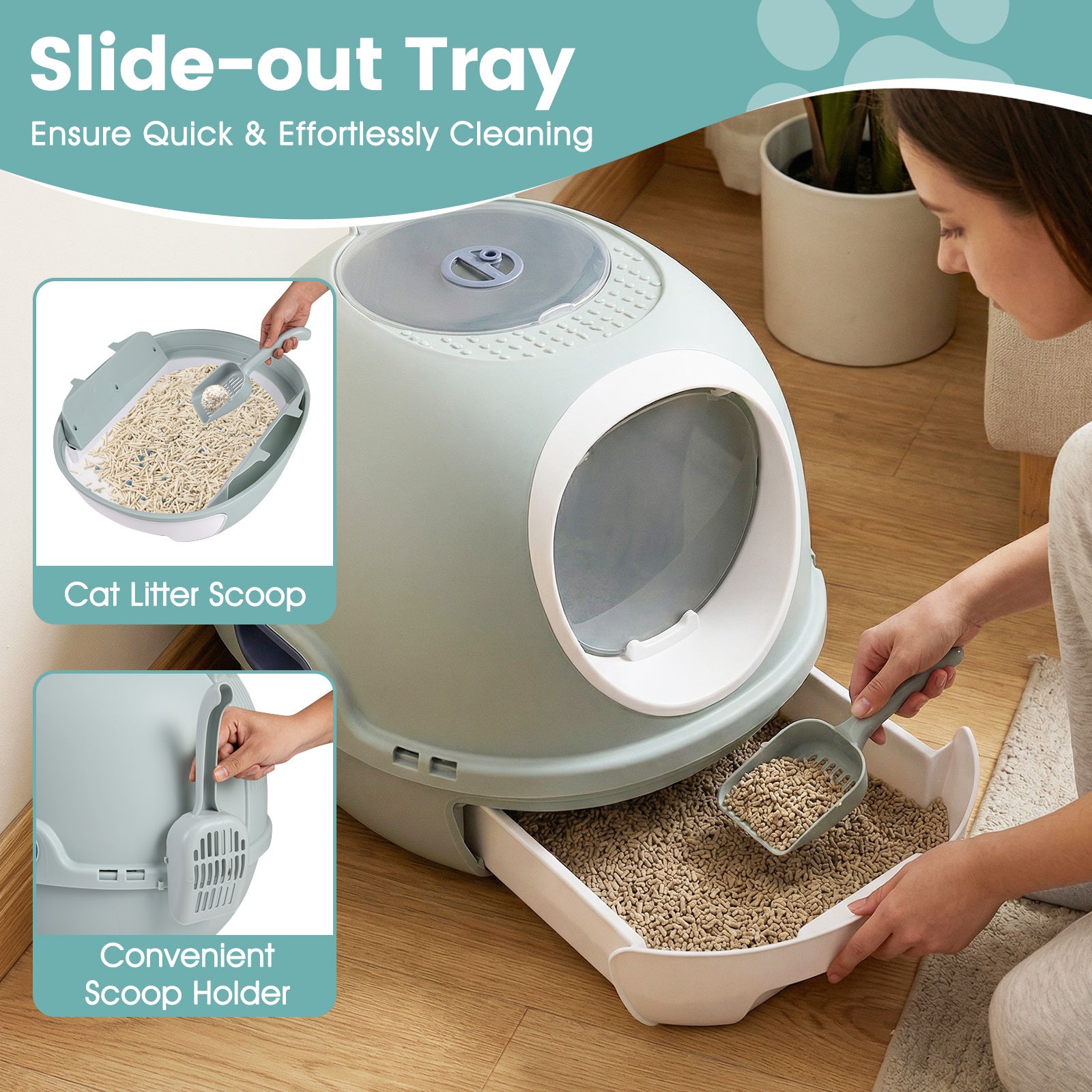 Cat Litter Box with Lid Helicopter Style Fully Enclosed Cat Toilet with Front Entry and Flip Top Exit-Blue